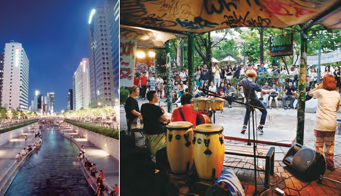 (좌) 청계천-서울 도심 한가운데 자리 잡은 휴식공간, (우)홍대 거리-개성 있는 젊은 예술가들의 거리 공연을 자유로이 즐기는 관중들