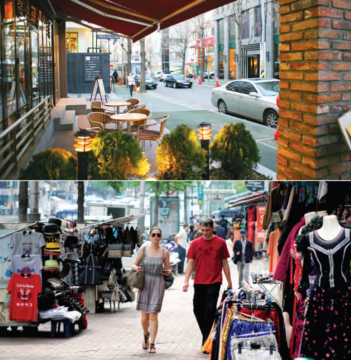 Garosu-gil of Sinsa-dong (up). A street busy with fashionminded young shoppers. Itaewon (bottom). The Korean hub of international cultures